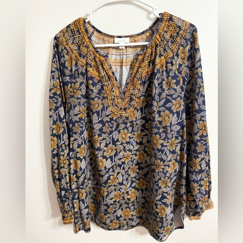 Pure Jill Twill Embroidered Tunic in navy blue and yellow floral Sz M